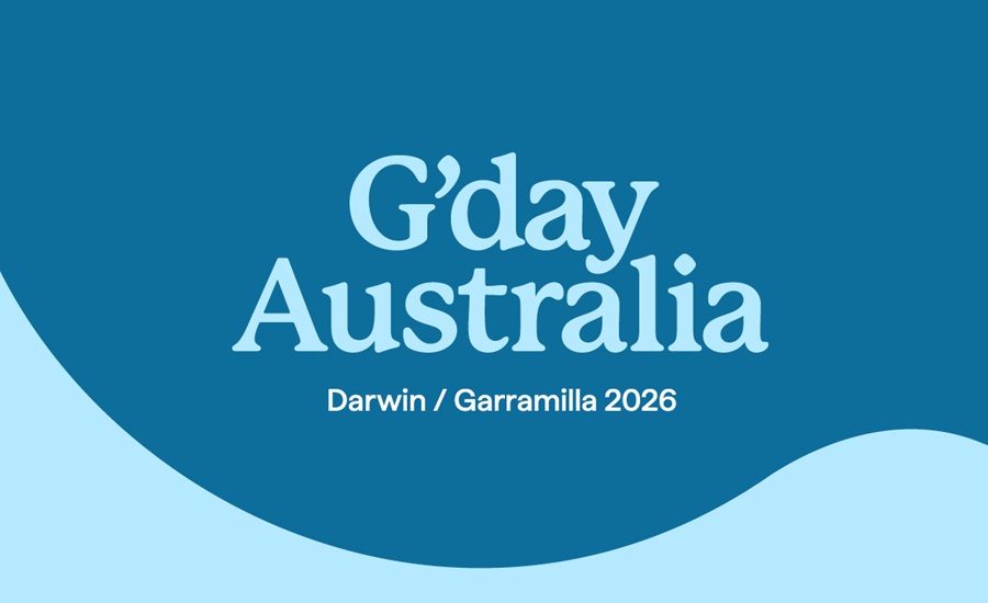 G'day Australia Darwin 2026 event artwork in blue with a curved wave graphic